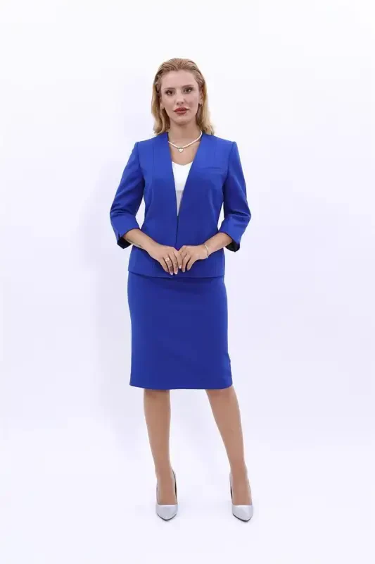 V Neck Short Jacket & Pencil Skirt Set-Saks - 1