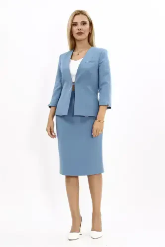 V-Neck Short Jacket & Pencil Skirt Set - Sea - Light Blue - 4