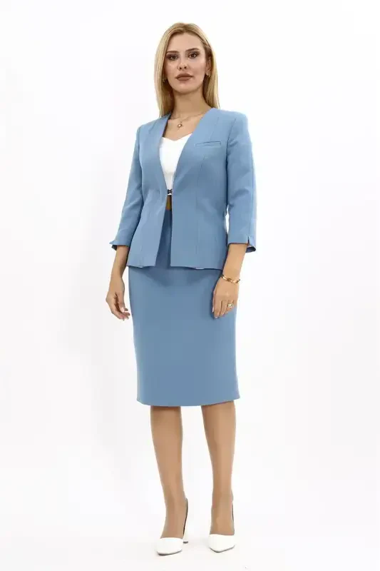 V-Neck Short Jacket & Pencil Skirt Set - Sea - Light Blue - 4