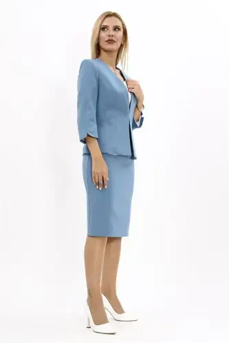 V-Neck Short Jacket & Pencil Skirt Set - Sea - Light Blue - 5