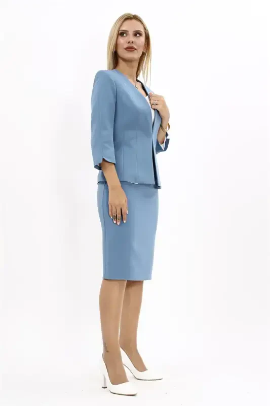 V-Neck Short Jacket & Pencil Skirt Set - Sea - Light Blue - 5