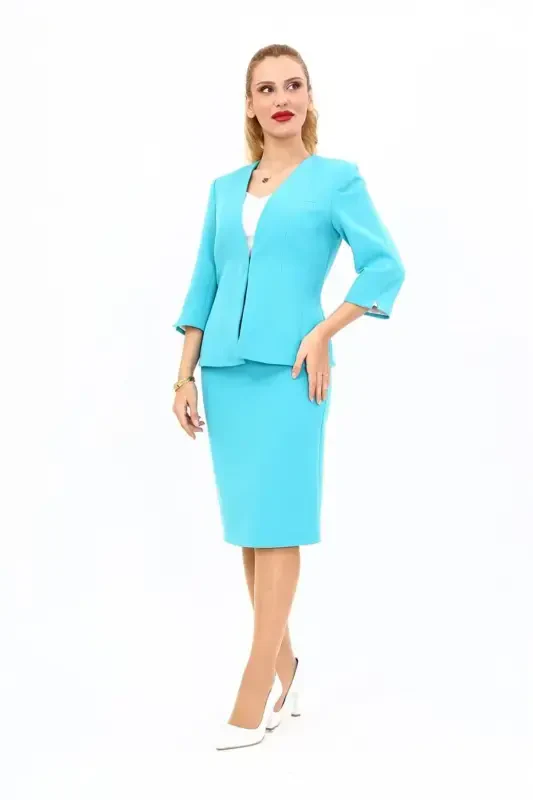 V-Neck Short Jacket & Pencil Skirt Set - Turquoise - 1