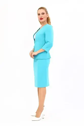 V-Neck Short Jacket & Pencil Skirt Set - Turquoise - ÖNDER ÖZSOY (1)