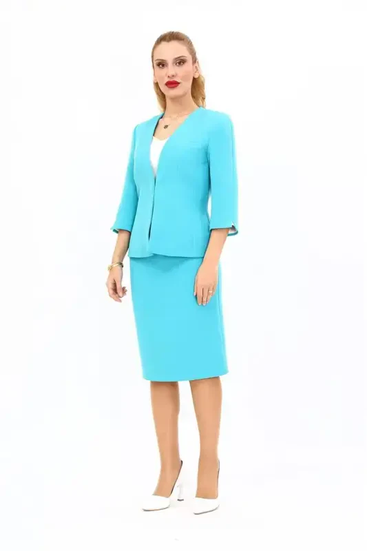 V-Neck Short Jacket & Pencil Skirt Set - Turquoise - 5