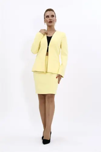 V-Neck Short Jacket & Pencil Skirt Set - Yellow 
