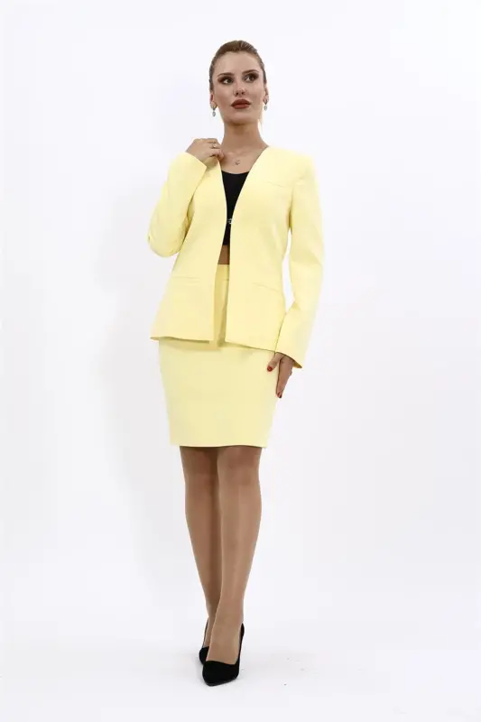 V-Neck Short Jacket & Pencil Skirt Set - Yellow - 1