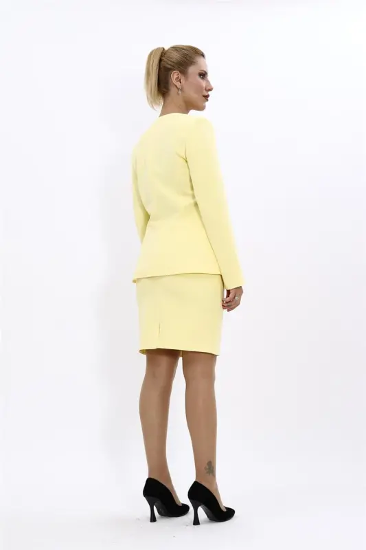 V-Neck Short Jacket & Pencil Skirt Set - Yellow - 4
