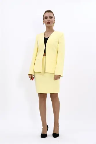 V-Neck Short Jacket & Pencil Skirt Set - Yellow - 5