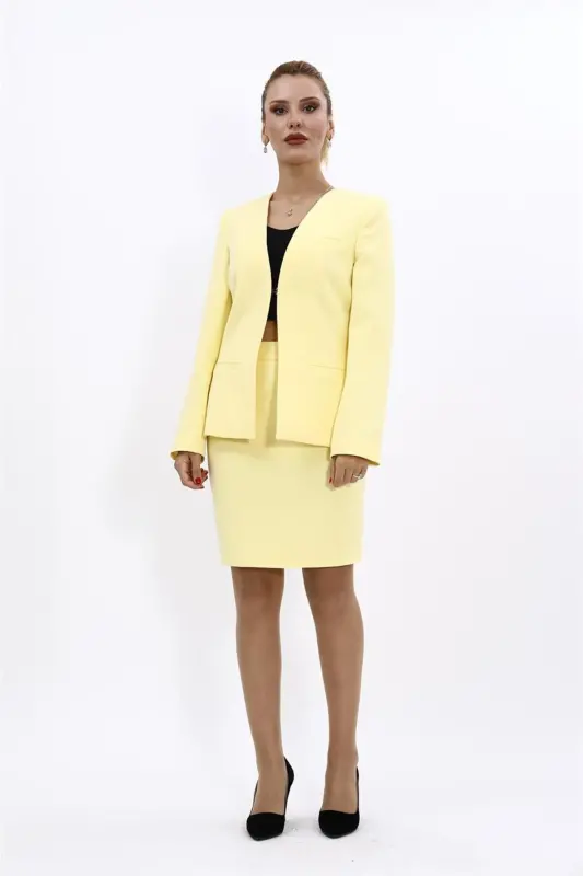V-Neck Short Jacket & Pencil Skirt Set - Yellow - 5