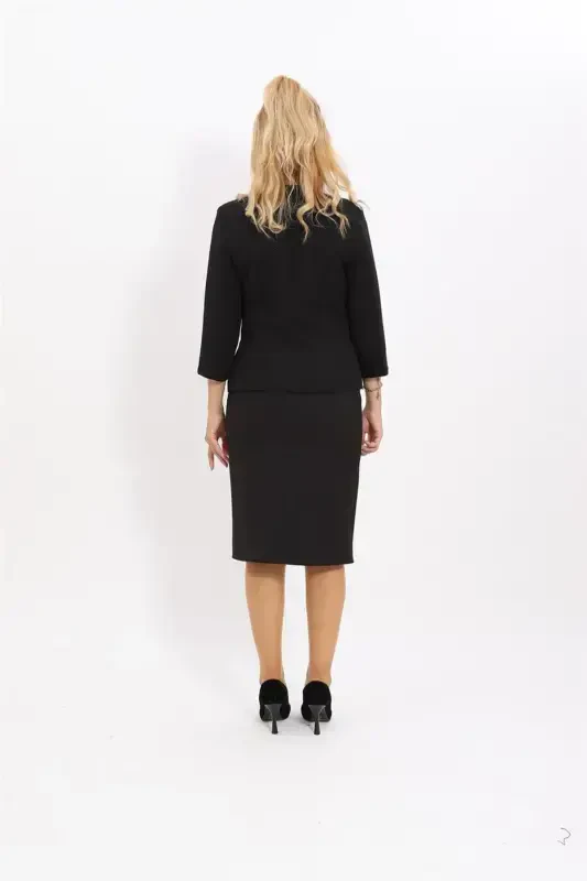 V-Neck Short Jacket & Pencil Skirt Suit - Black - 5