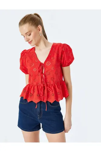 V-Neck Short Sleeve Balloon Sleeve Lace-up Eyelet Blouse - 1