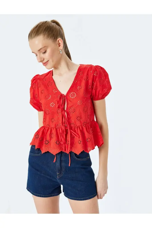 V-Neck Short Sleeve Balloon Sleeve Lace-up Eyelet Blouse - KOTON
