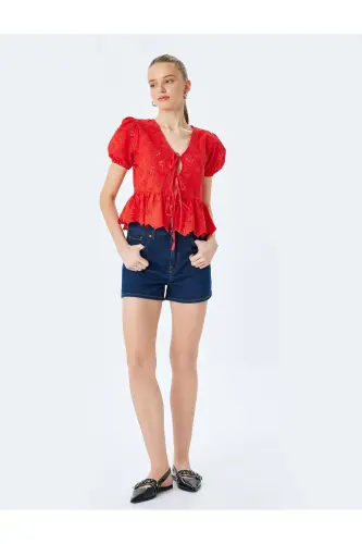 V-Neck Short Sleeve Balloon Sleeve Lace-up Eyelet Blouse - KOTON (1)