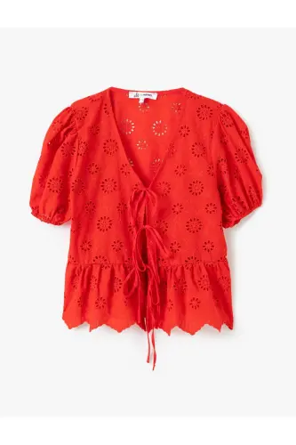 V-Neck Short Sleeve Balloon Sleeve Lace-up Eyelet Blouse - 3