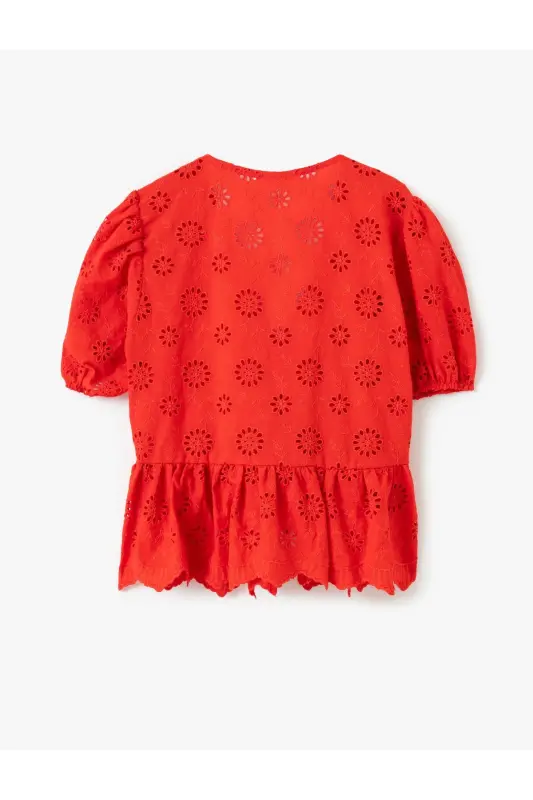 V-Neck Short Sleeve Balloon Sleeve Lace-up Eyelet Blouse - 4