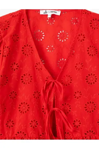 V-Neck Short Sleeve Balloon Sleeve Lace-up Eyelet Blouse - 5