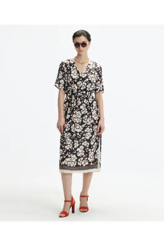 V-Neck Short Sleeve Midi Dress - 1