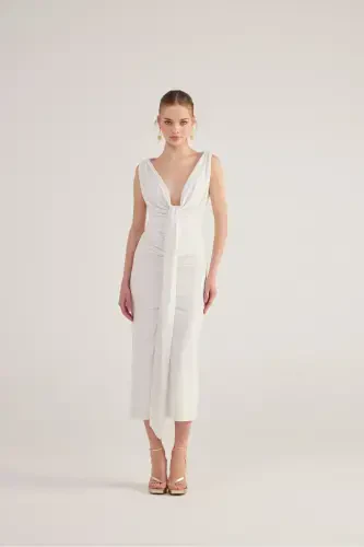 V-Neck Slit Lined Long Kate Dress White-White - 1