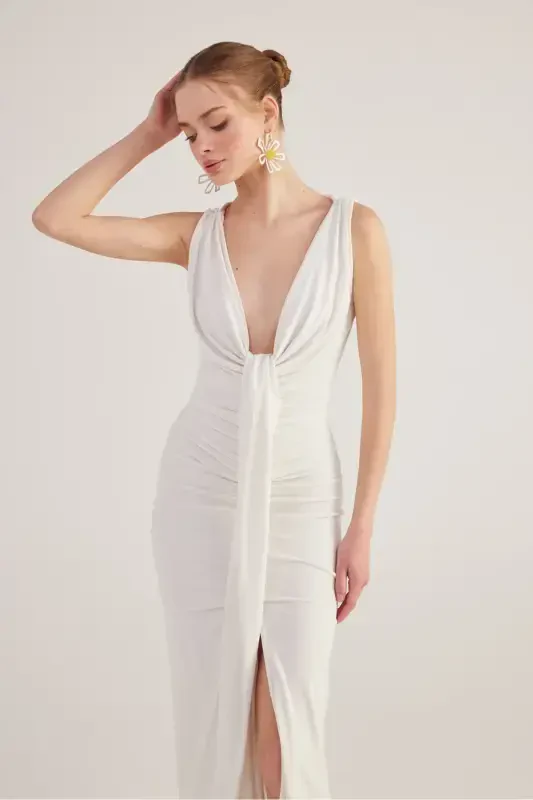 V-Neck Slit Lined Long Kate Dress White-White - 2