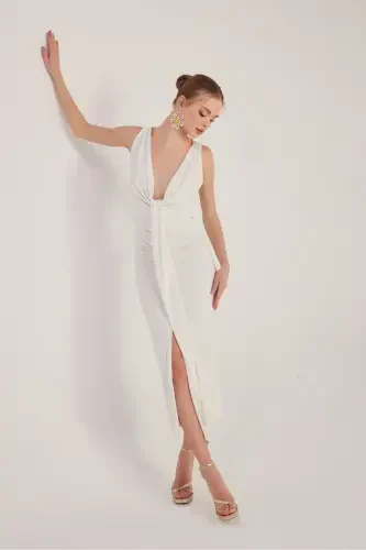 V-Neck Slit Lined Long Kate Dress White-White - 3