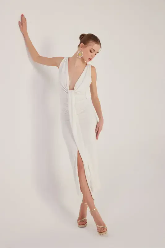 V-Neck Slit Lined Long Kate Dress White-White - 3