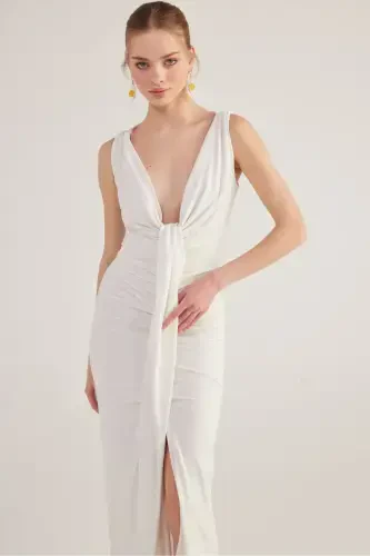 V-Neck Slit Lined Long Kate Dress White-White - 4