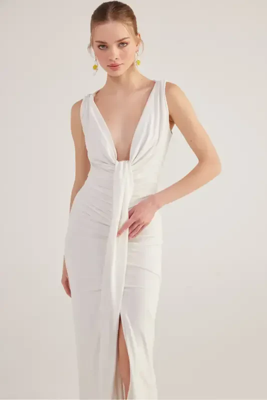 V-Neck Slit Lined Long Kate Dress White-White - 4