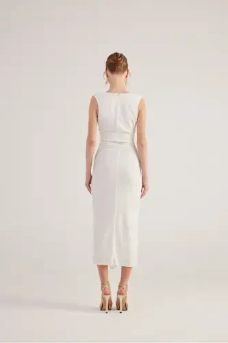 V-Neck Slit Lined Long Kate Dress White-White - 5