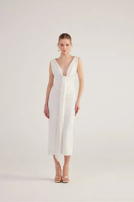 V-Neck Slit Lined Long Kate Dress White-White - 7