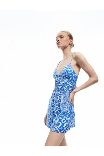 V-Neck Spaghetti Strap Buttoned Viscose Mini Romper - KOTON (1)