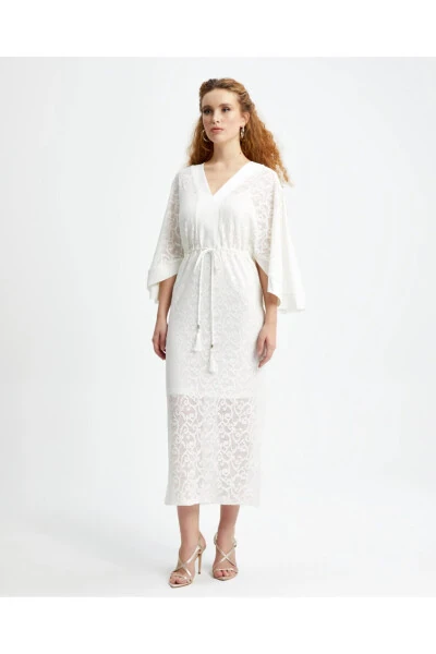 V-Neck Spanish Sleeve Inner Lining Long Ecru Dress 39253 - SERPIL