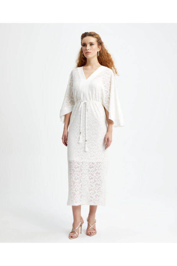 V-Neck Spanish Sleeve Inner Lining Long Ecru Dress 39253 - 1