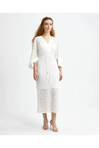 V-Neck Spanish Sleeve Inner Lining Long Ecru Dress 39253 - SERPIL (1)