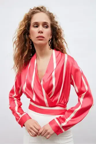 V-Neck Striped Blouse - Fuchsia - SATEEN (1)