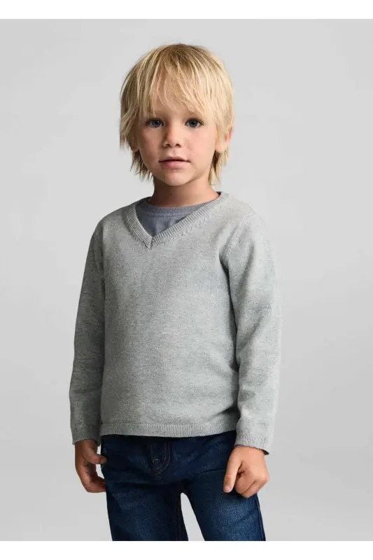 V-Neck Sweater - Light Mottled Grey - MANGO BABY