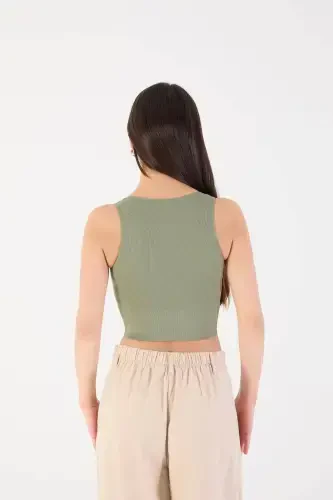 V Neck Thick Strap Seamless Crop A0131-dk8-Khaki - 5