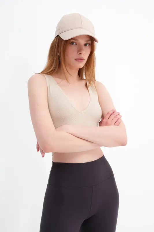V-Neck Thick Strap Seamless Crop A0131-dk8-Stone - ADDAX