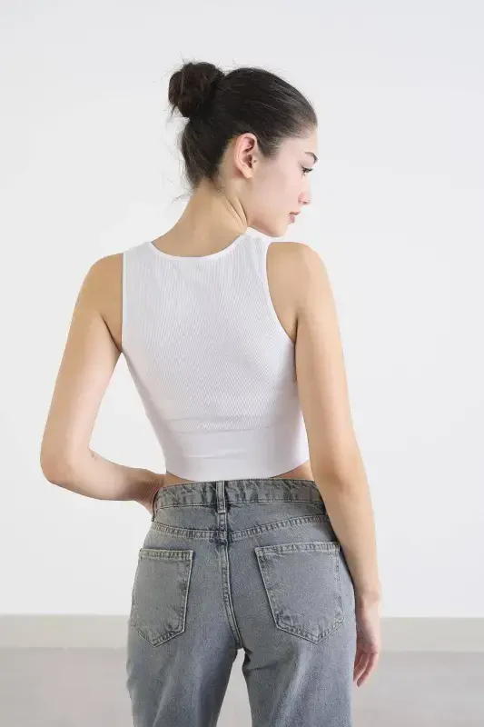 V Neck Thick Strap Seamless Crop A0131-dk8-White - 5