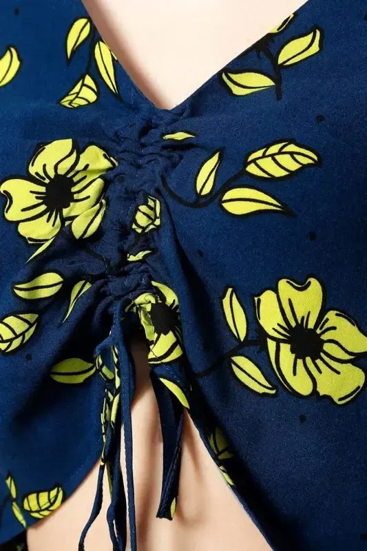 V Neck Tie Front Ruched Blue Blouse - BÜYÜKBEDENIZ