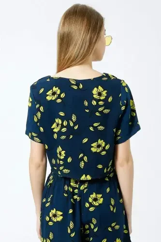 V Neck Tie Front Ruched Blue Blouse - BÜYÜKBEDENIZ (1)