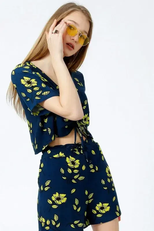 V Neck Tie Front Ruched Blue Blouse - 3