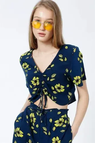 V Neck Tie Front Ruched Blue Blouse - 5