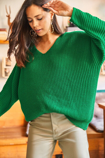 V-Neck Tunic Turtleneck Oversized Knitted Sweater - 2