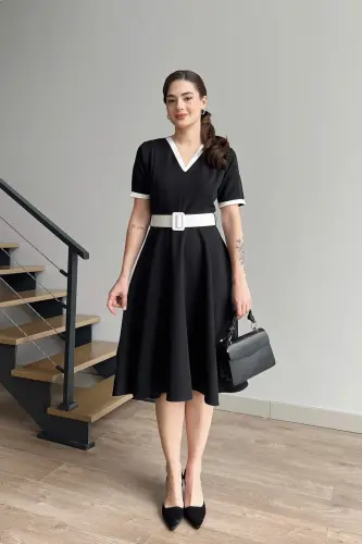 V-Neck Two-Color Midi Belted Dress-V-NECK BLACK - 7