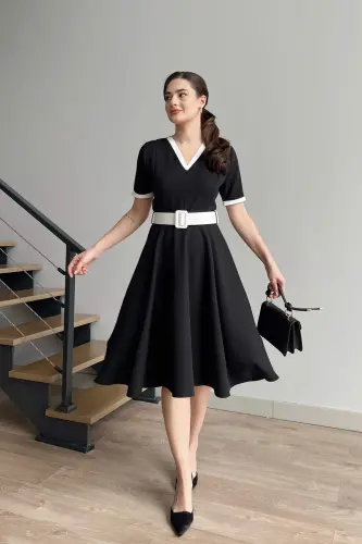 V-Neck Two-Color Midi Belted Dress-V-NECK BLACK 