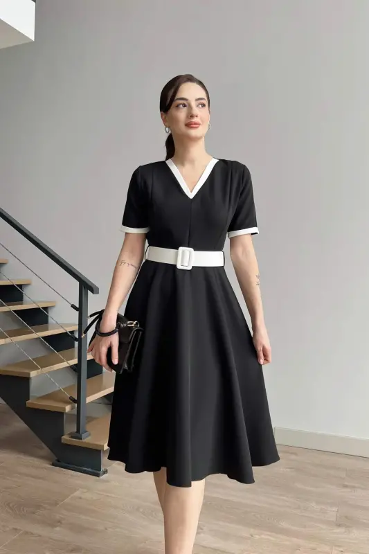 V-Neck Two-Color Midi Belted Dress-V-NECK BLACK - 3