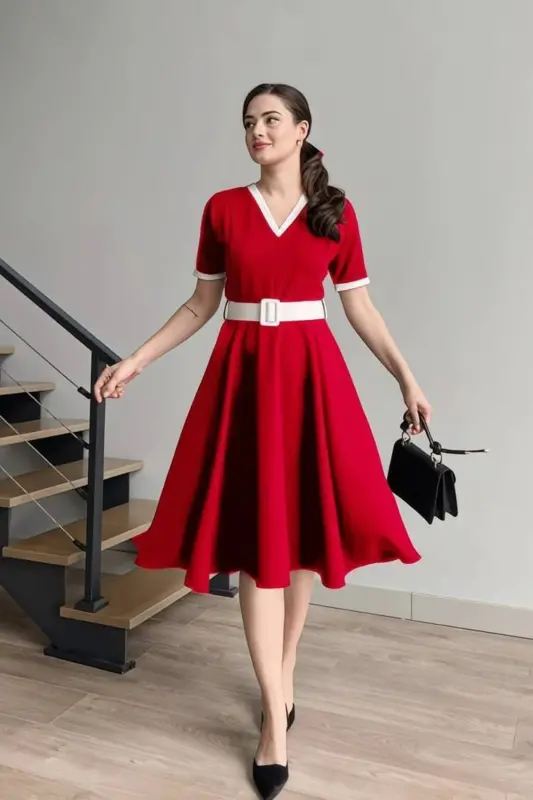 V-Neck Two-Tone Midi Belted Red White Dress - V-NECK RED - 1