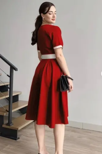 V-Neck Two-Tone Midi Belted Red White Dress - V-NECK RED - ALFUDO MODA COLLECTION (1)