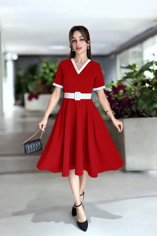 V-Neck Two-Tone Midi Belted Red White Dress - V-NECK RED - 3