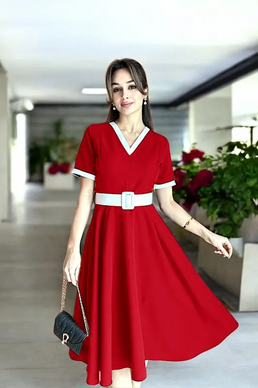 V-Neck Two-Tone Midi Belted Red White Dress - V-NECK RED - 4